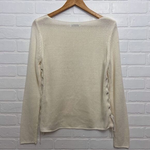 DEX off white knit sweater lace-up details small-medium cream sweater - Picture 2 of 11
